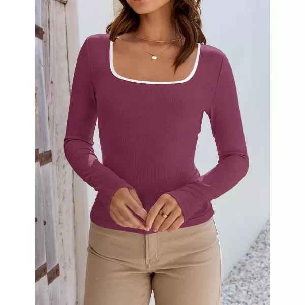 ZESICA Womens Long Sleeve Square Neck Shirts 2024 Fall Knit Tops Slim Fitted Casual Basic TeePlum