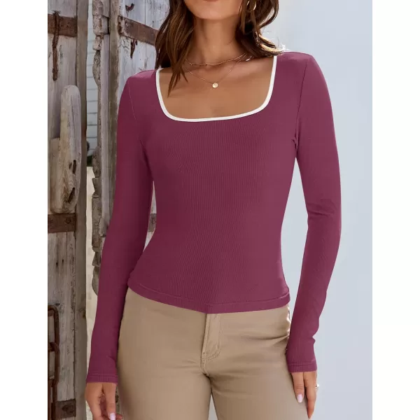 ZESICA Womens Long Sleeve Square Neck Shirts 2024 Fall Knit Tops Slim Fitted Casual Basic TeePlum