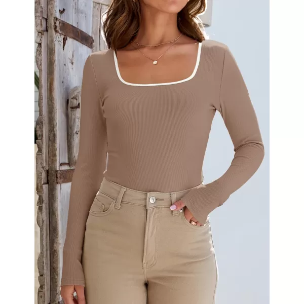 ZESICA Womens Long Sleeve Square Neck Shirts 2024 Fall Knit Tops Slim Fitted Casual Basic TeeToffee