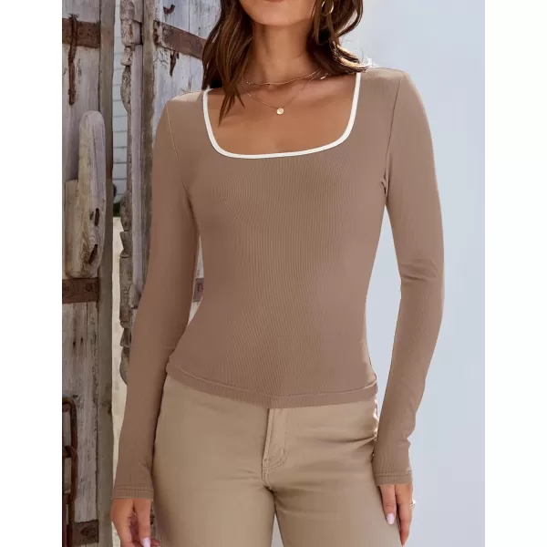 ZESICA Womens Long Sleeve Square Neck Shirts 2024 Fall Knit Tops Slim Fitted Casual Basic TeeToffee