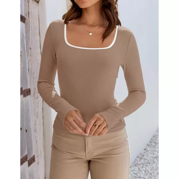 ZESICA Womens Long Sleeve Square Neck Shirts 2024 Fall Knit Tops Slim Fitted Casual Basic TeeToffee