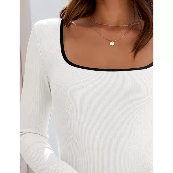 ZESICA Womens Long Sleeve Square Neck Shirts 2024 Fall Knit Tops Slim Fitted Casual Basic TeeWhite