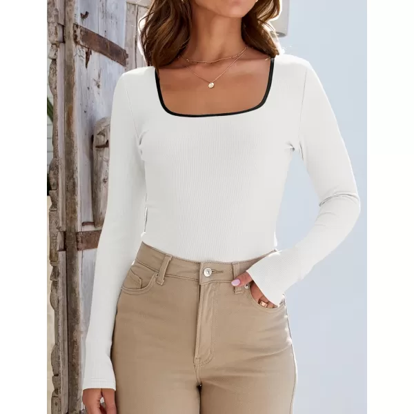 ZESICA Womens Long Sleeve Square Neck Shirts 2024 Fall Knit Tops Slim Fitted Casual Basic TeeWhite