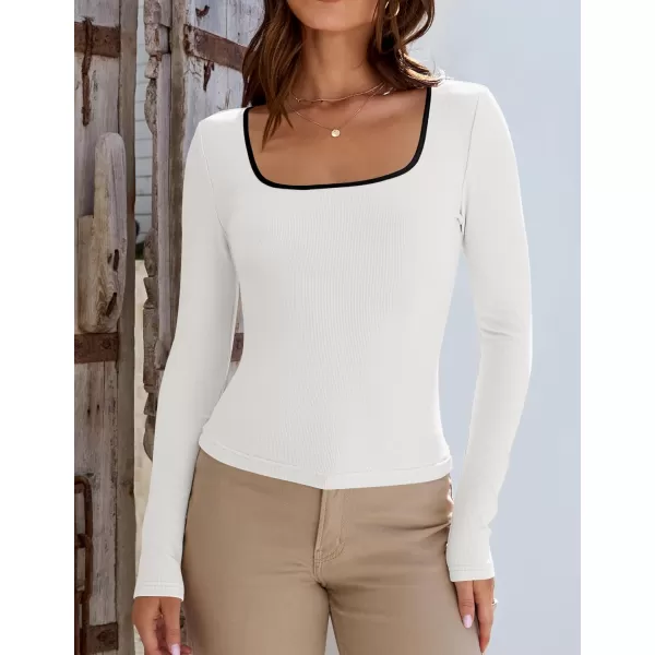 ZESICA Womens Long Sleeve Square Neck Shirts 2024 Fall Knit Tops Slim Fitted Casual Basic TeeWhite