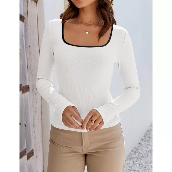 ZESICA Womens Long Sleeve Square Neck Shirts 2024 Fall Knit Tops Slim Fitted Casual Basic TeeWhite