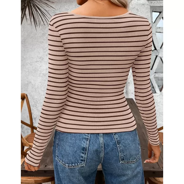 ZESICA Womens Long Sleeve Square Neck Striped T Shirts 2024 Casual Ribbed Knit Slim Fit Basic Henley Tee TopsApricot