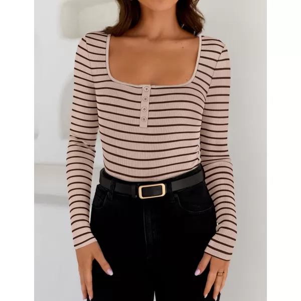 ZESICA Womens Long Sleeve Square Neck Striped T Shirts 2024 Casual Ribbed Knit Slim Fit Basic Henley Tee TopsApricot
