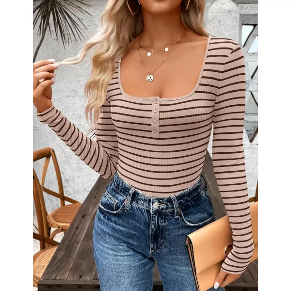 ZESICA Womens Long Sleeve Square Neck Striped T Shirts 2024 Casual Ribbed Knit Slim Fit Basic Henley Tee TopsApricot