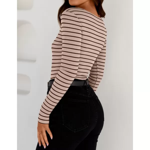 ZESICA Womens Long Sleeve Square Neck Striped T Shirts 2024 Casual Ribbed Knit Slim Fit Basic Henley Tee TopsApricot
