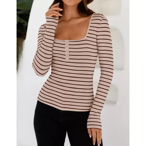 ZESICA Womens Long Sleeve Square Neck Striped T Shirts 2024 Casual Ribbed Knit Slim Fit Basic Henley Tee TopsApricot