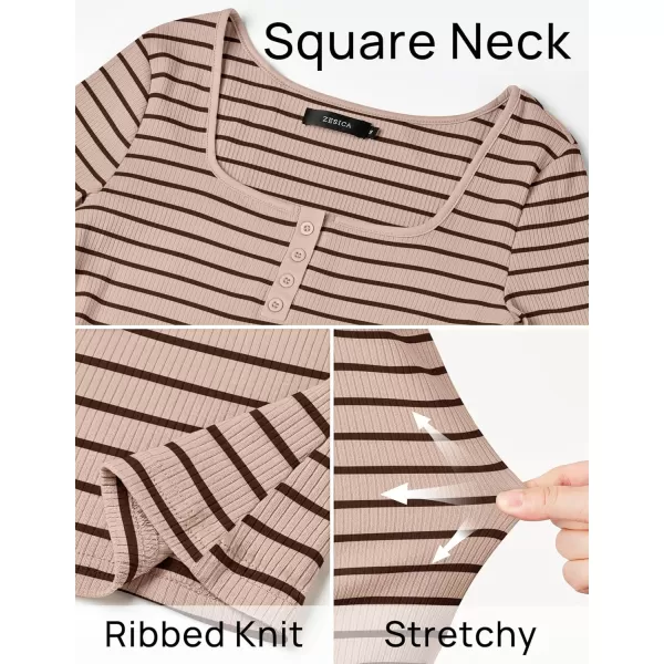 ZESICA Womens Long Sleeve Square Neck Striped T Shirts 2024 Casual Ribbed Knit Slim Fit Basic Henley Tee TopsApricot