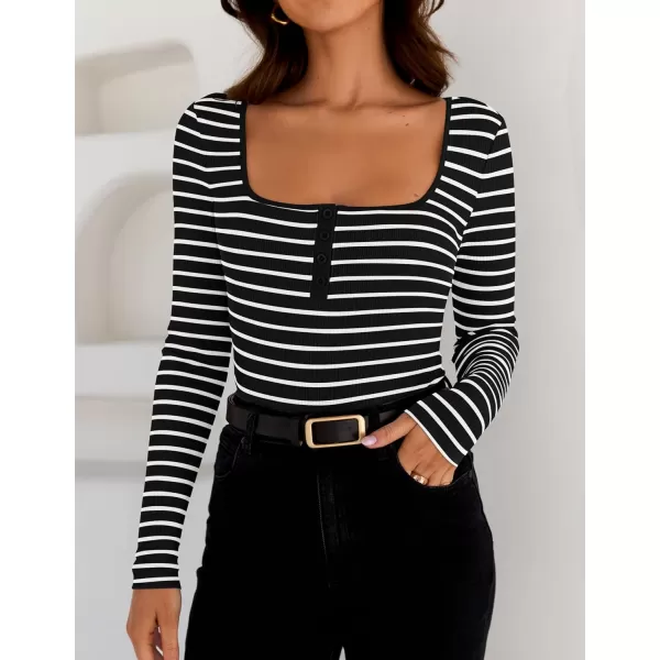 ZESICA Womens Long Sleeve Square Neck Striped T Shirts 2024 Casual Ribbed Knit Slim Fit Basic Henley Tee TopsBlack