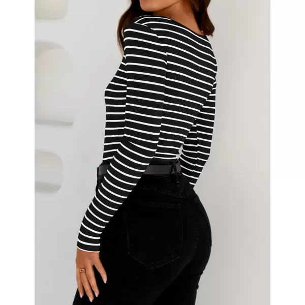 ZESICA Womens Long Sleeve Square Neck Striped T Shirts 2024 Casual Ribbed Knit Slim Fit Basic Henley Tee TopsBlack