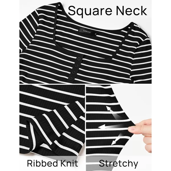 ZESICA Womens Long Sleeve Square Neck Striped T Shirts 2024 Casual Ribbed Knit Slim Fit Basic Henley Tee TopsBlack