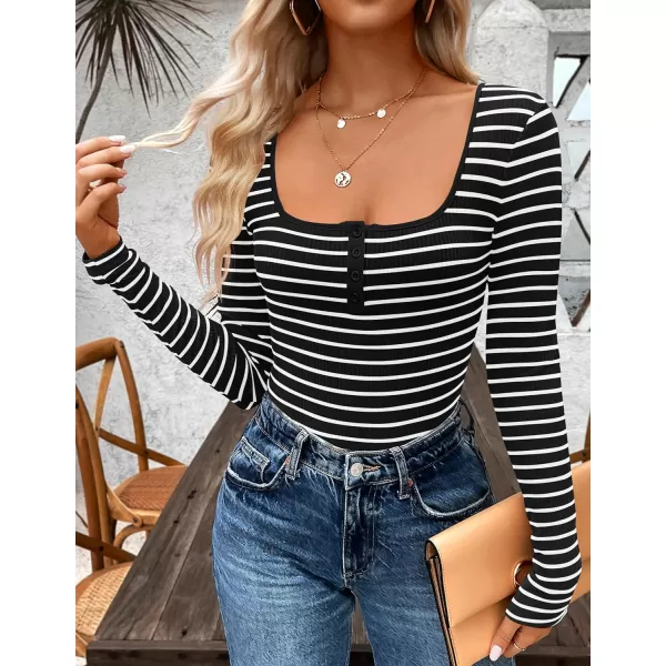 ZESICA Womens Long Sleeve Square Neck Striped T Shirts 2024 Casual Ribbed Knit Slim Fit Basic Henley Tee TopsBlack