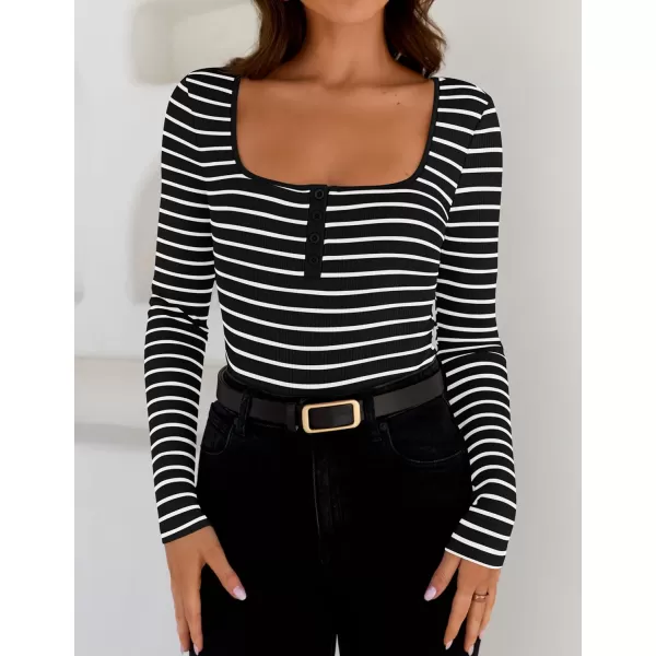 ZESICA Womens Long Sleeve Square Neck Striped T Shirts 2024 Casual Ribbed Knit Slim Fit Basic Henley Tee TopsBlack