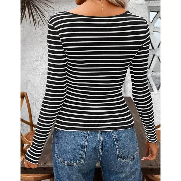 ZESICA Womens Long Sleeve Square Neck Striped T Shirts 2024 Casual Ribbed Knit Slim Fit Basic Henley Tee TopsBlack