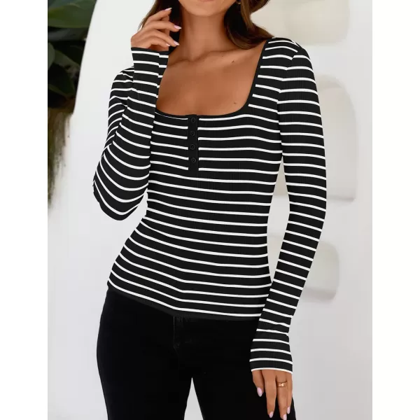 ZESICA Womens Long Sleeve Square Neck Striped T Shirts 2024 Casual Ribbed Knit Slim Fit Basic Henley Tee TopsBlack