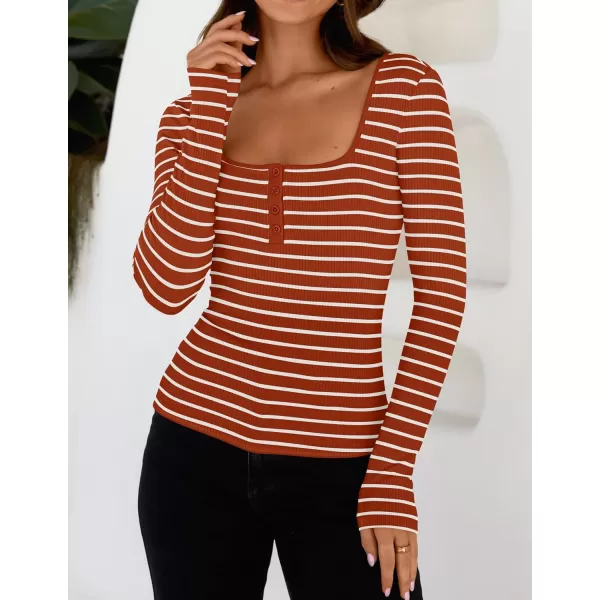 ZESICA Womens Long Sleeve Square Neck Striped T Shirts 2024 Casual Ribbed Knit Slim Fit Basic Henley Tee TopsCaramel