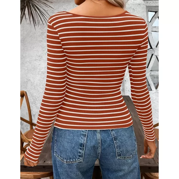 ZESICA Womens Long Sleeve Square Neck Striped T Shirts 2024 Casual Ribbed Knit Slim Fit Basic Henley Tee TopsCaramel