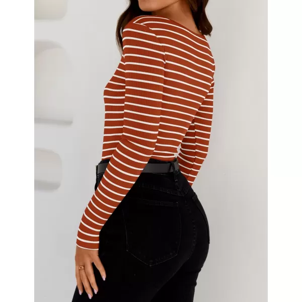 ZESICA Womens Long Sleeve Square Neck Striped T Shirts 2024 Casual Ribbed Knit Slim Fit Basic Henley Tee TopsCaramel