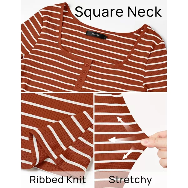 ZESICA Womens Long Sleeve Square Neck Striped T Shirts 2024 Casual Ribbed Knit Slim Fit Basic Henley Tee TopsCaramel