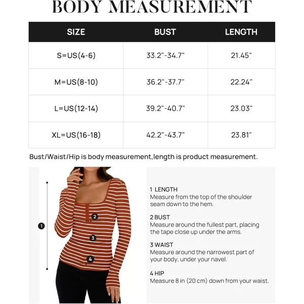 ZESICA Womens Long Sleeve Square Neck Striped T Shirts 2024 Casual Ribbed Knit Slim Fit Basic Henley Tee TopsCaramel