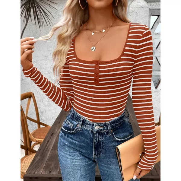 ZESICA Womens Long Sleeve Square Neck Striped T Shirts 2024 Casual Ribbed Knit Slim Fit Basic Henley Tee TopsCaramel