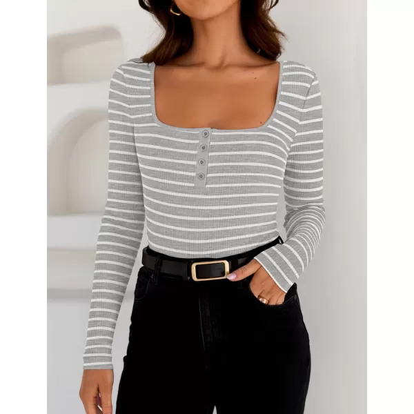ZESICA Womens Long Sleeve Square Neck Striped T Shirts 2024 Casual Ribbed Knit Slim Fit Basic Henley Tee TopsGrey