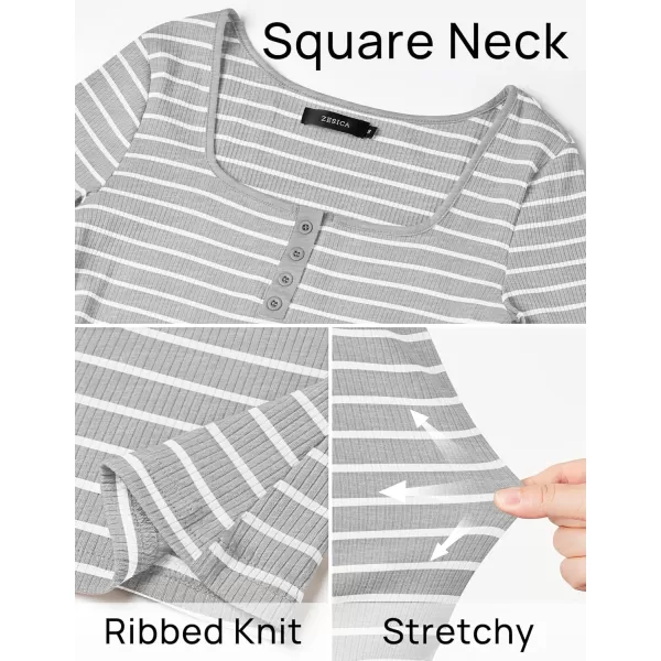 ZESICA Womens Long Sleeve Square Neck Striped T Shirts 2024 Casual Ribbed Knit Slim Fit Basic Henley Tee TopsGrey