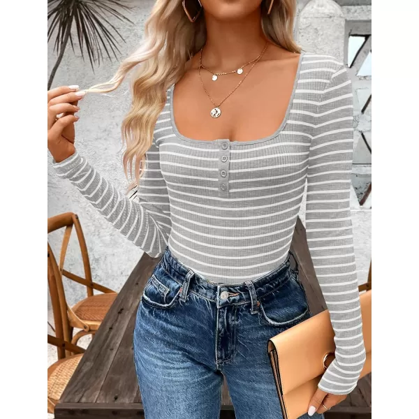 ZESICA Womens Long Sleeve Square Neck Striped T Shirts 2024 Casual Ribbed Knit Slim Fit Basic Henley Tee TopsGrey
