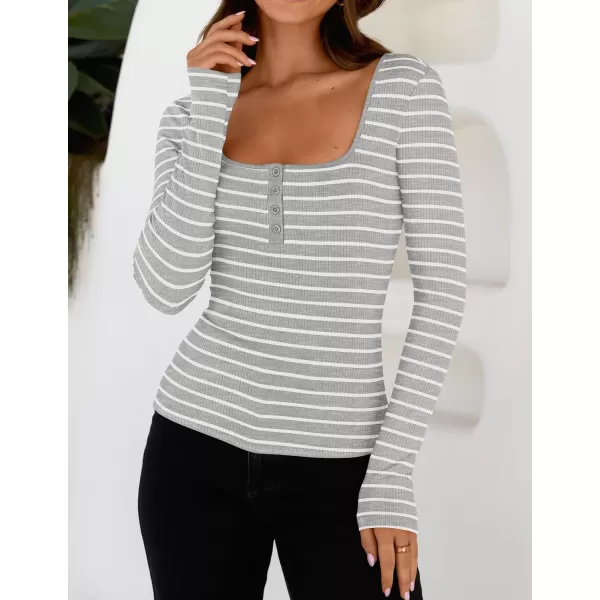 ZESICA Womens Long Sleeve Square Neck Striped T Shirts 2024 Casual Ribbed Knit Slim Fit Basic Henley Tee TopsGrey