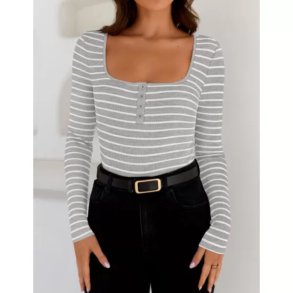 ZESICA Womens Long Sleeve Square Neck Striped T Shirts 2024 Casual Ribbed Knit Slim Fit Basic Henley Tee TopsGrey