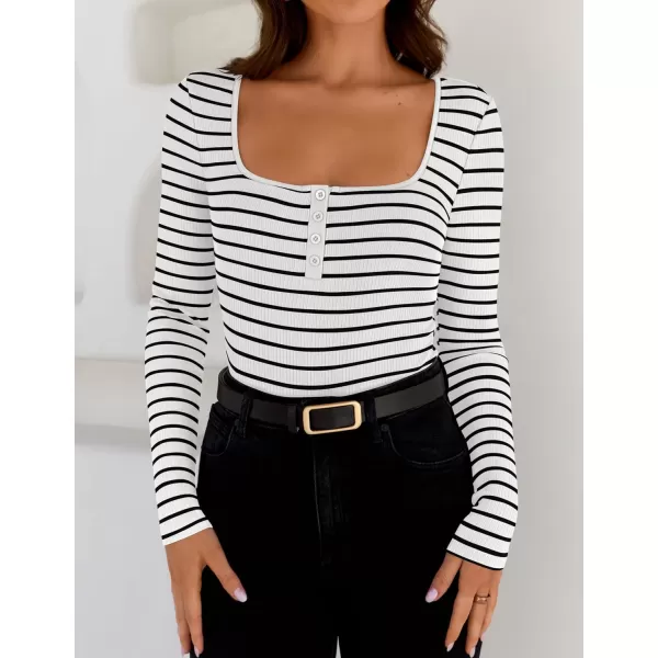 ZESICA Womens Long Sleeve Square Neck Striped T Shirts 2024 Casual Ribbed Knit Slim Fit Basic Henley Tee TopsWhite