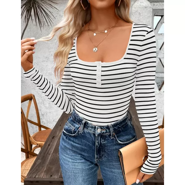 ZESICA Womens Long Sleeve Square Neck Striped T Shirts 2024 Casual Ribbed Knit Slim Fit Basic Henley Tee TopsWhite