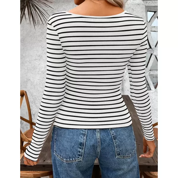ZESICA Womens Long Sleeve Square Neck Striped T Shirts 2024 Casual Ribbed Knit Slim Fit Basic Henley Tee TopsWhite