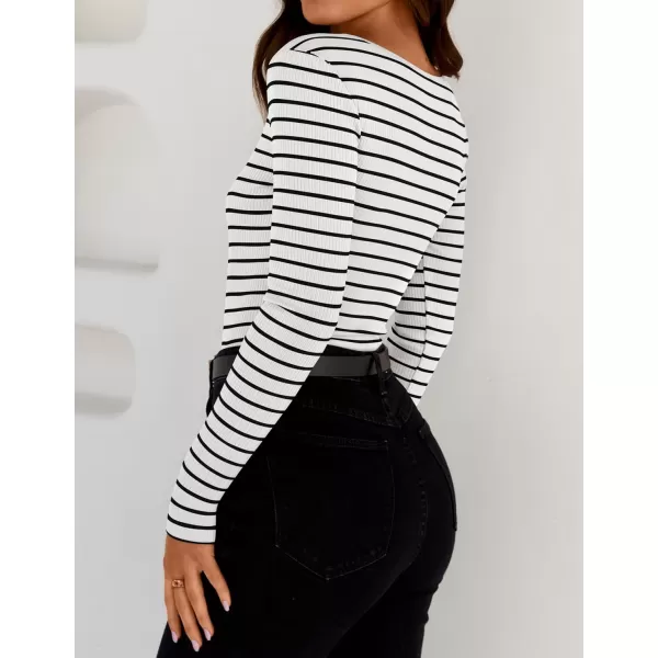 ZESICA Womens Long Sleeve Square Neck Striped T Shirts 2024 Casual Ribbed Knit Slim Fit Basic Henley Tee TopsWhite