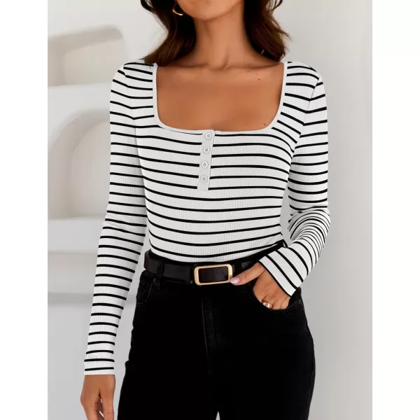 ZESICA Womens Long Sleeve Square Neck Striped T Shirts 2024 Casual Ribbed Knit Slim Fit Basic Henley Tee TopsWhite