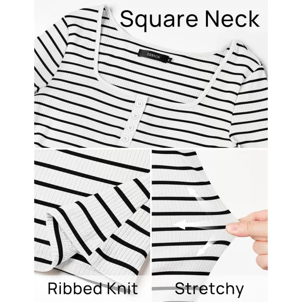 ZESICA Womens Long Sleeve Square Neck Striped T Shirts 2024 Casual Ribbed Knit Slim Fit Basic Henley Tee TopsWhite