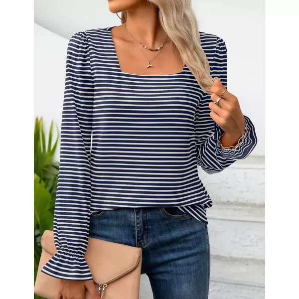 ZESICA Womens Puff Long Sleeve Square Neck Shirts 2024 Fall Causal Trendy Tunic TopsNavy