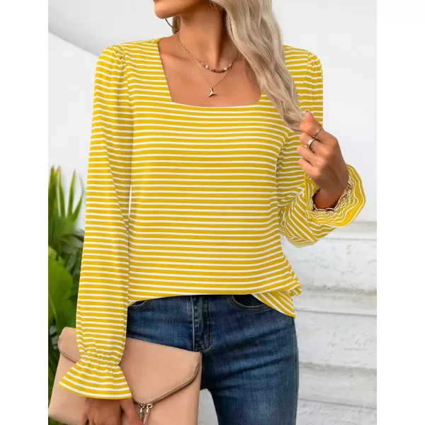 ZESICA Womens Puff Long Sleeve Square Neck Shirts 2024 Fall Causal Trendy Tunic TopsYellow
