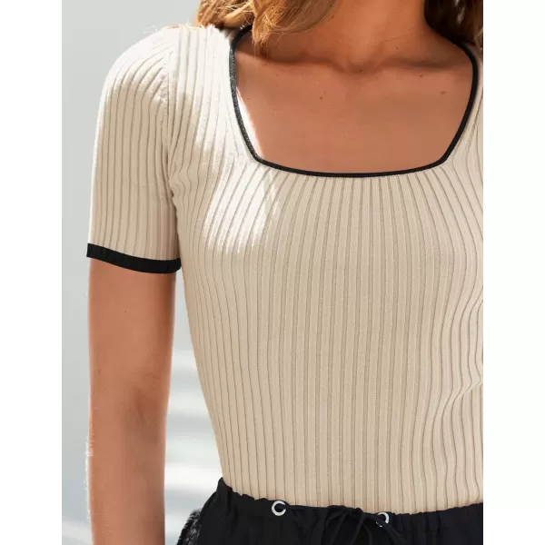 ZESICA Womens Short Sleeve Square Neck Color Block T Shirt 2024 Summer Slim Fit Ribbed Knit Basic Tee TopsApricot
