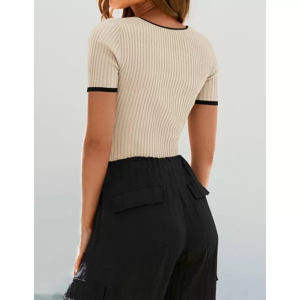 ZESICA Womens Short Sleeve Square Neck Color Block T Shirt 2024 Summer Slim Fit Ribbed Knit Basic Tee TopsApricot