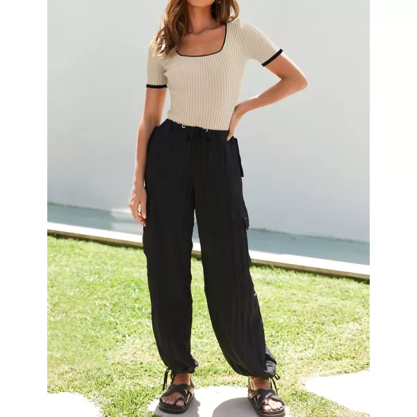 ZESICA Womens Short Sleeve Square Neck Color Block T Shirt 2024 Summer Slim Fit Ribbed Knit Basic Tee TopsApricot