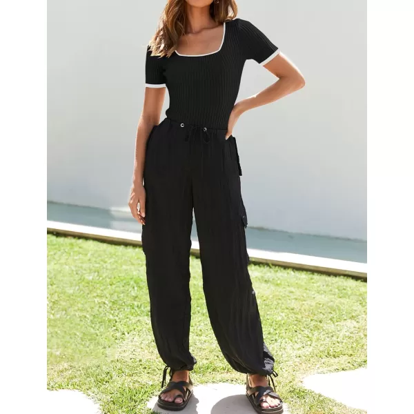 ZESICA Womens Short Sleeve Square Neck Color Block T Shirt 2024 Summer Slim Fit Ribbed Knit Basic Tee TopsBlack