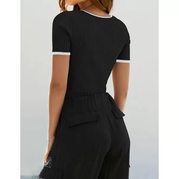 ZESICA Womens Short Sleeve Square Neck Color Block T Shirt 2024 Summer Slim Fit Ribbed Knit Basic Tee TopsBlack