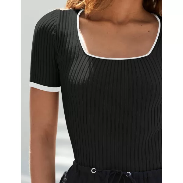 ZESICA Womens Short Sleeve Square Neck Color Block T Shirt 2024 Summer Slim Fit Ribbed Knit Basic Tee TopsBlack