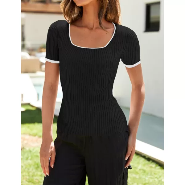 ZESICA Womens Short Sleeve Square Neck Color Block T Shirt 2024 Summer Slim Fit Ribbed Knit Basic Tee TopsBlack