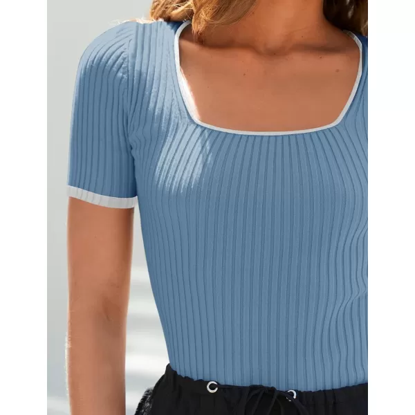 ZESICA Womens Short Sleeve Square Neck Color Block T Shirt 2024 Summer Slim Fit Ribbed Knit Basic Tee TopsBlue