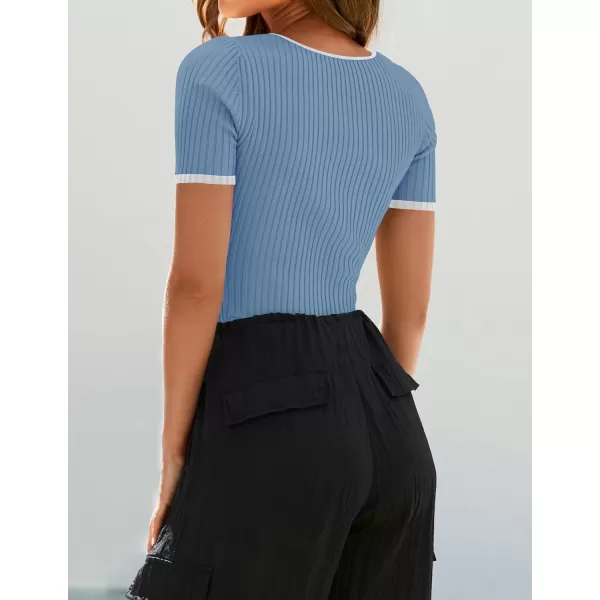 ZESICA Womens Short Sleeve Square Neck Color Block T Shirt 2024 Summer Slim Fit Ribbed Knit Basic Tee TopsBlue